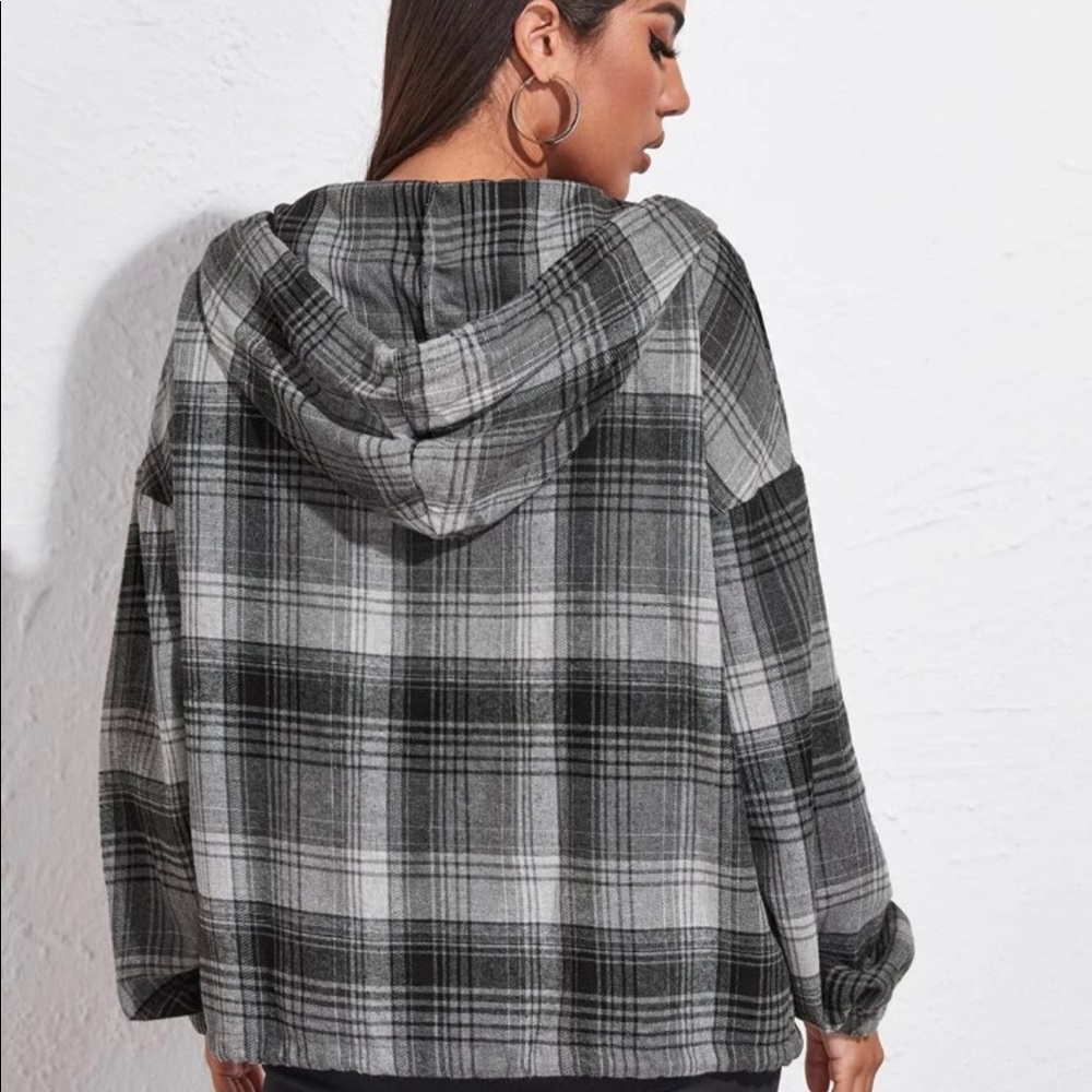 Zip Up Plaid Drawstring Hoodie